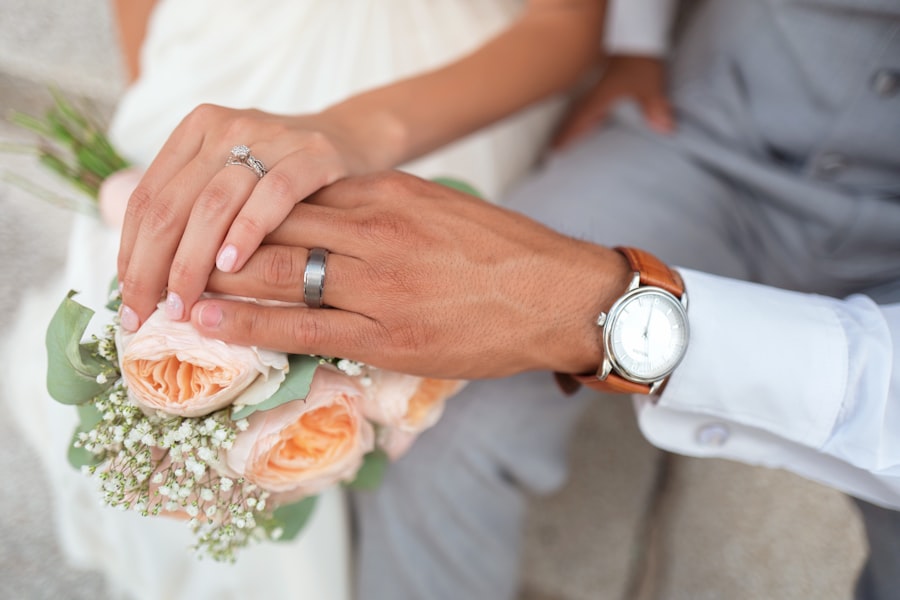 Example keepsake page — wedding rings and bouquet